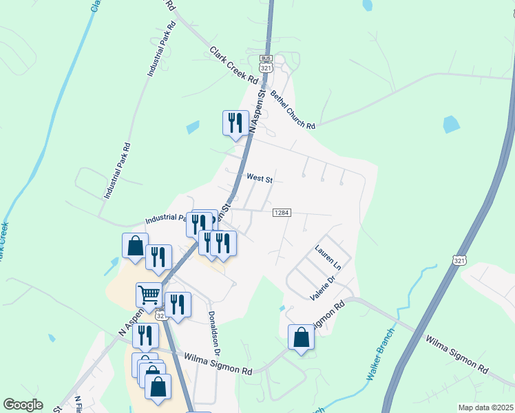 map of restaurants, bars, coffee shops, grocery stores, and more near 105 Carpenter Street in Lincolnton