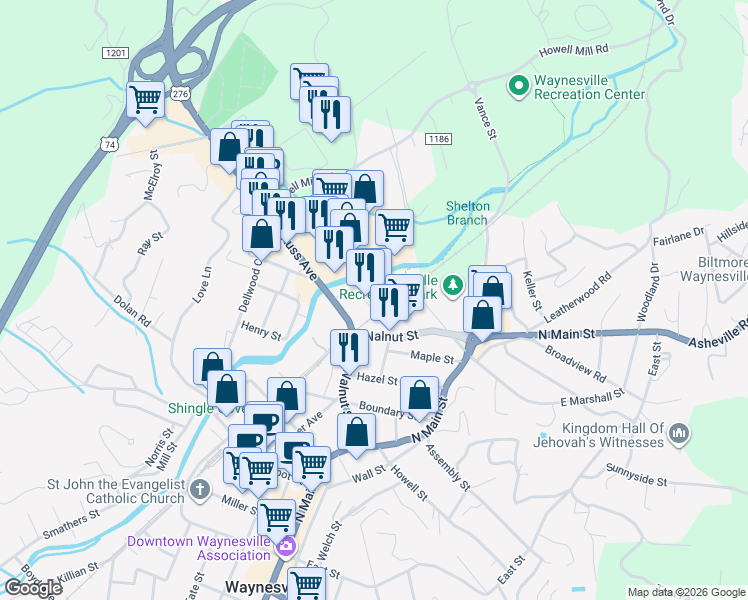 map of restaurants, bars, coffee shops, grocery stores, and more near 366 Russ Avenue in Waynesville