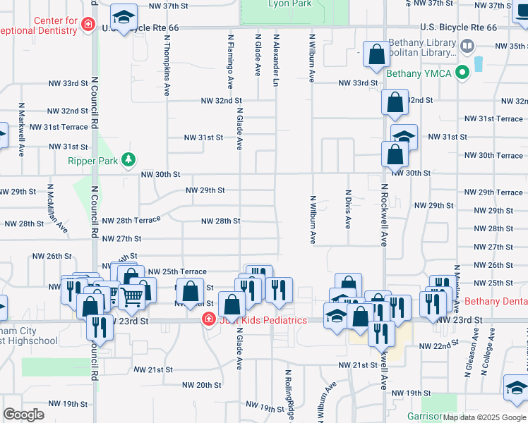 map of restaurants, bars, coffee shops, grocery stores, and more near 7412 Northwest 28th Terrace in Bethany