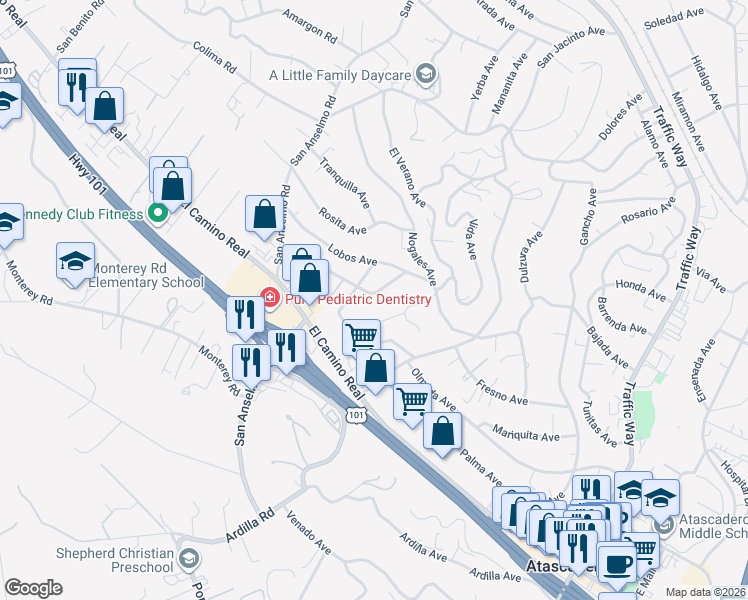 map of restaurants, bars, coffee shops, grocery stores, and more near 4480 Cayucos Avenue in Atascadero