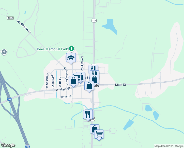 map of restaurants, bars, coffee shops, grocery stores, and more near 207 Eddie Drive in Goldsboro
