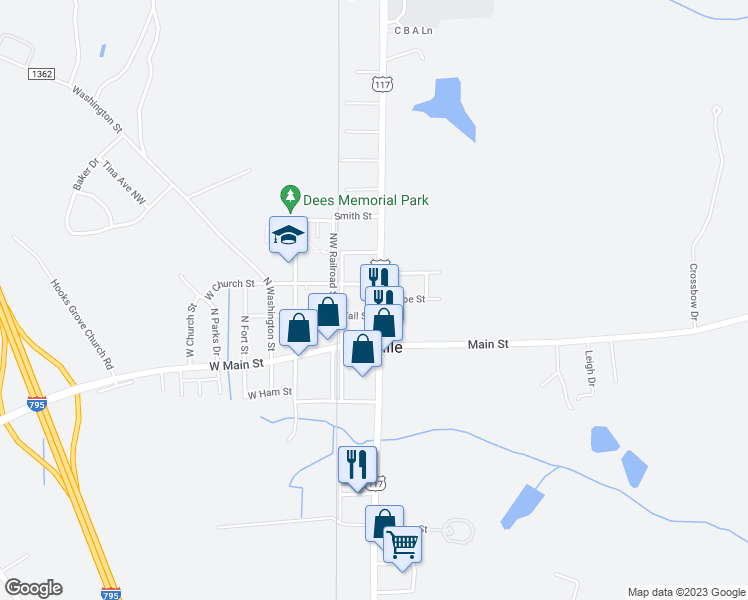map of restaurants, bars, coffee shops, grocery stores, and more near 201 North Goldsboro Street in Pikeville