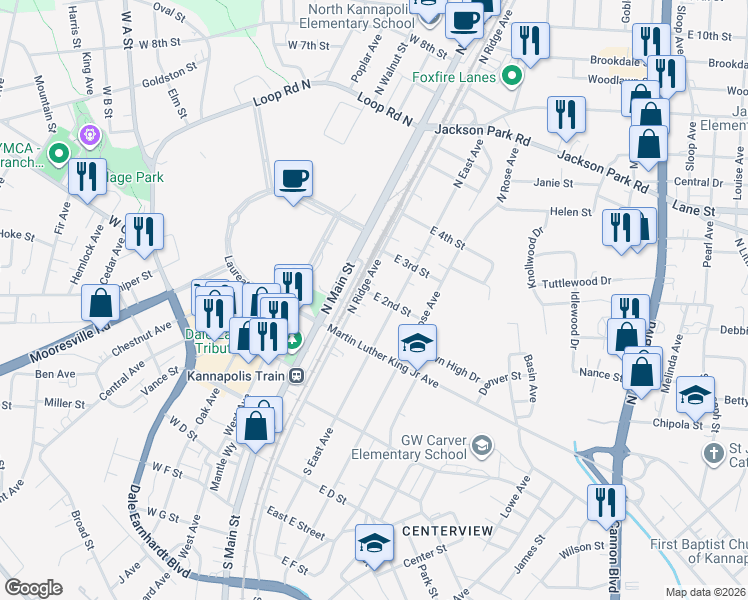 map of restaurants, bars, coffee shops, grocery stores, and more near 114 North Ridge Avenue in Kannapolis