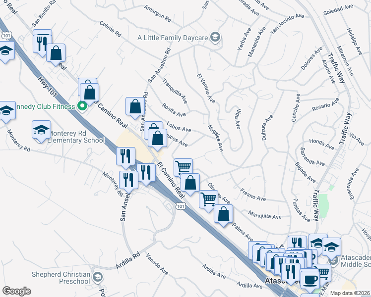 map of restaurants, bars, coffee shops, grocery stores, and more near 4470 Cayucos Avenue in Atascadero