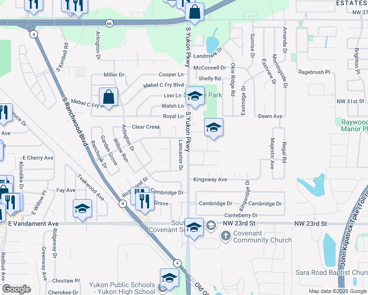 map of restaurants, bars, coffee shops, grocery stores, and more near 805 Lancaster Drive in Yukon