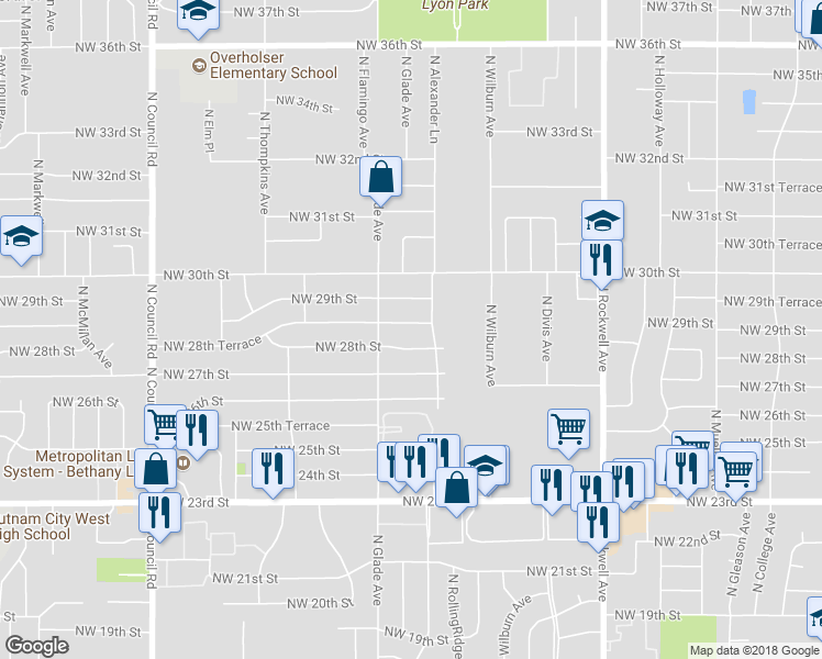 map of restaurants, bars, coffee shops, grocery stores, and more near 7412 Northwest 28th Terrace in Bethany