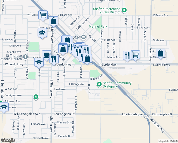map of restaurants, bars, coffee shops, grocery stores, and more near 380 East Marengo Avenue in Shafter