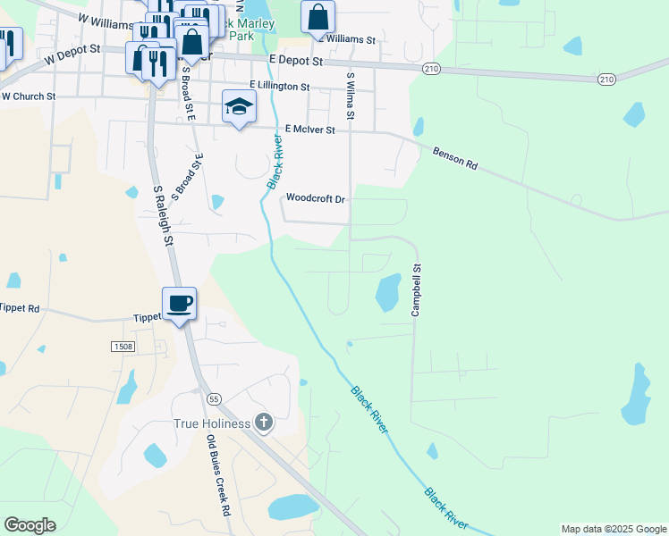 map of restaurants, bars, coffee shops, grocery stores, and more near 42 Camille Brooks Drive in Angier