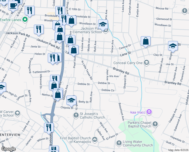 map of restaurants, bars, coffee shops, grocery stores, and more near 608 North Little Texas Road in Kannapolis