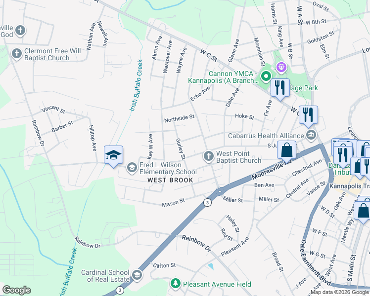 map of restaurants, bars, coffee shops, grocery stores, and more near 1109 South Walnut Street in Kannapolis