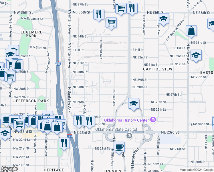 map of restaurants, bars, coffee shops, grocery stores, and more near 312 Northeast 28th Street in Oklahoma City