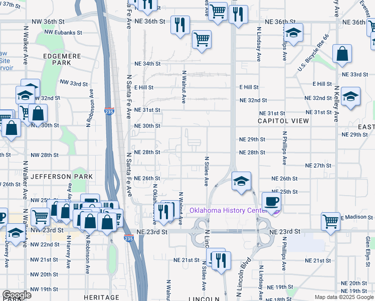 map of restaurants, bars, coffee shops, grocery stores, and more near 215 Northeast 28th Street in Oklahoma City