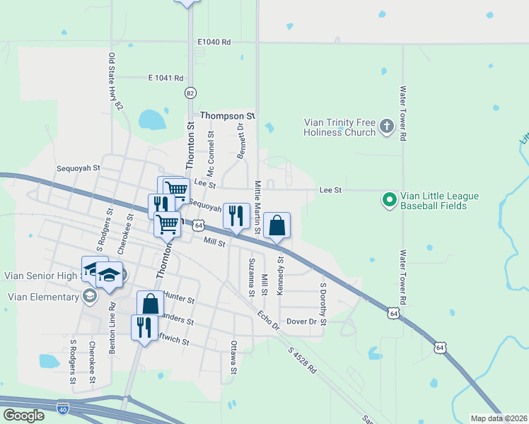 map of restaurants, bars, coffee shops, grocery stores, and more near 100 Mittie Martin Street in Vian
