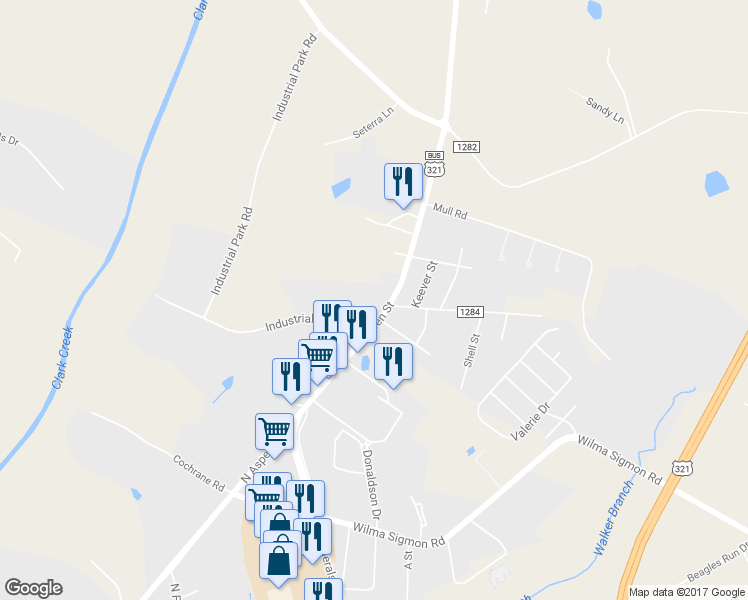 map of restaurants, bars, coffee shops, grocery stores, and more near 2103 North Aspen Street in Lincolnton