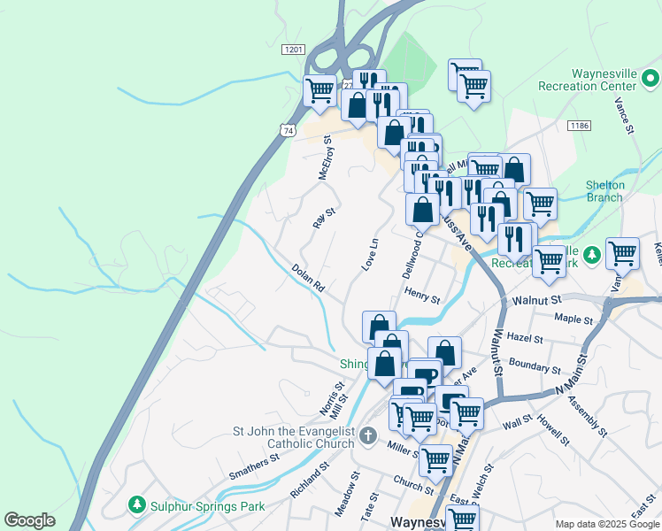map of restaurants, bars, coffee shops, grocery stores, and more near 25 Sonora Lane in Waynesville