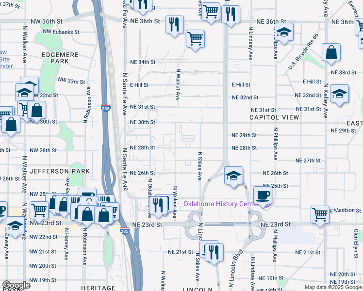 map of restaurants, bars, coffee shops, grocery stores, and more near 215 Northeast 28th Street in Oklahoma City