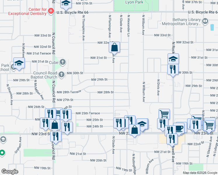 map of restaurants, bars, coffee shops, grocery stores, and more near 7500 Northwest 28th Terrace in Bethany