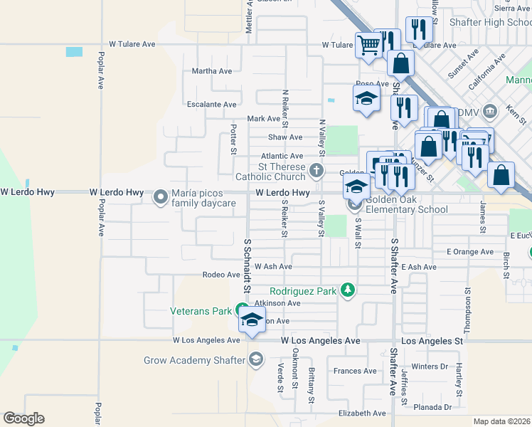 map of restaurants, bars, coffee shops, grocery stores, and more near 443 West Marengo Avenue in Shafter