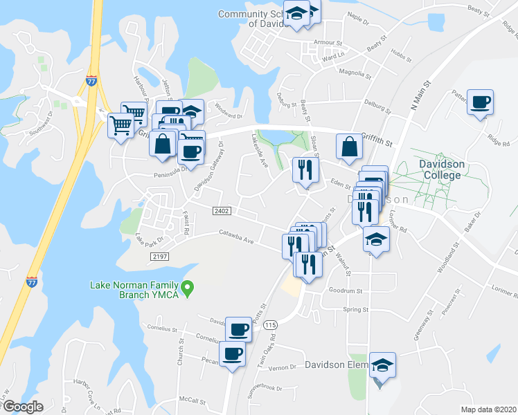 map of restaurants, bars, coffee shops, grocery stores, and more near 105 Mallard Court in Davidson