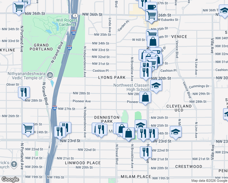 map of restaurants, bars, coffee shops, grocery stores, and more near 3105 Northwest 28th Street in Oklahoma City