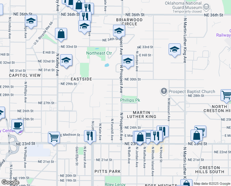 map of restaurants, bars, coffee shops, grocery stores, and more near 1426 North Court in Oklahoma City