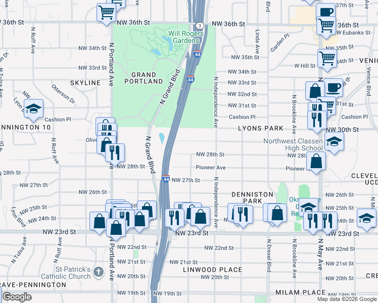map of restaurants, bars, coffee shops, grocery stores, and more near 3401 Northwest 28th Street in Oklahoma City