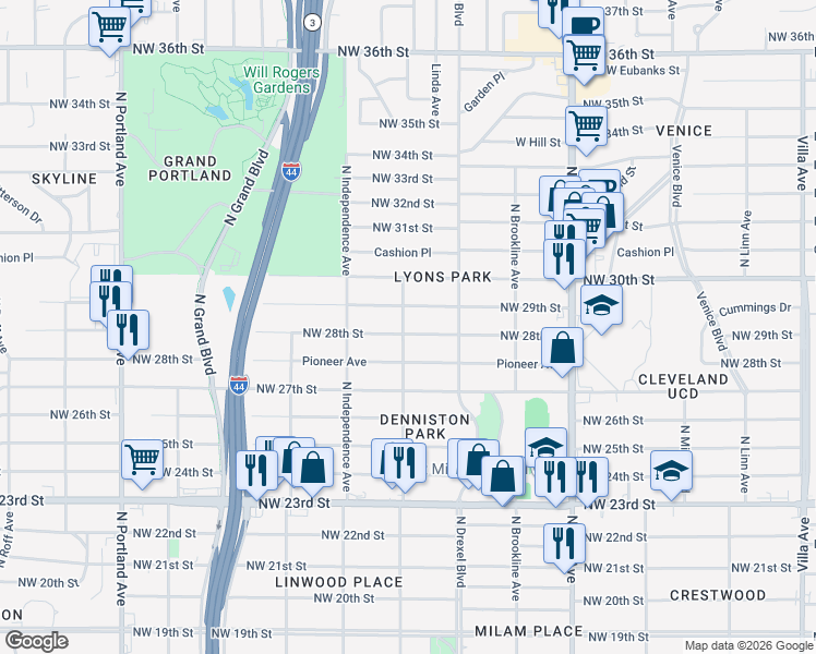 map of restaurants, bars, coffee shops, grocery stores, and more near 3145 Northwest 28th Street in Oklahoma City