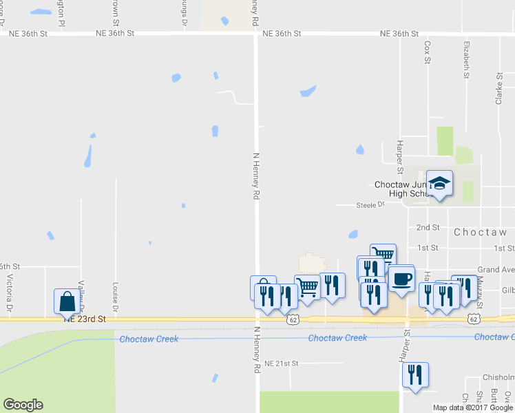 map of restaurants, bars, coffee shops, grocery stores, and more near 2808 North Henney Road in Choctaw