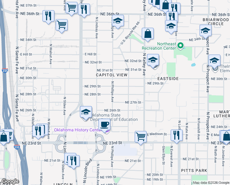 map of restaurants, bars, coffee shops, grocery stores, and more near 805 Northeast 28th Street in Oklahoma City