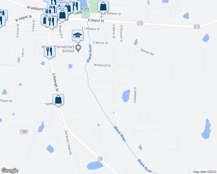 map of restaurants, bars, coffee shops, grocery stores, and more near 42 Camille Brooks Drive in Angier