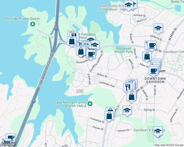 map of restaurants, bars, coffee shops, grocery stores, and more near 485 Jetton Street in Davidson