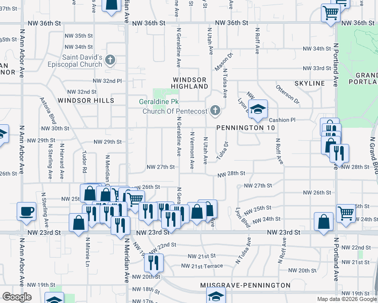 map of restaurants, bars, coffee shops, grocery stores, and more near 3001 North Vermont Avenue in Oklahoma City