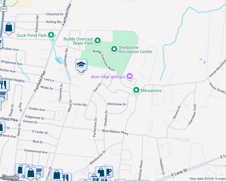 map of restaurants, bars, coffee shops, grocery stores, and more near 205 Shapard Drive in Shelbyville