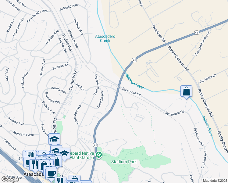 map of restaurants, bars, coffee shops, grocery stores, and more near 5171 Mercedes Avenue in Atascadero