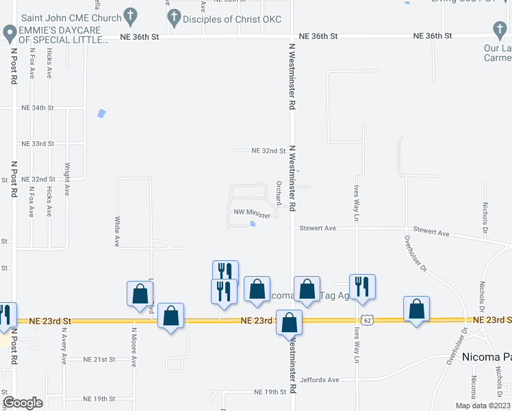 map of restaurants, bars, coffee shops, grocery stores, and more near 2901 North Westminster Road in Spencer