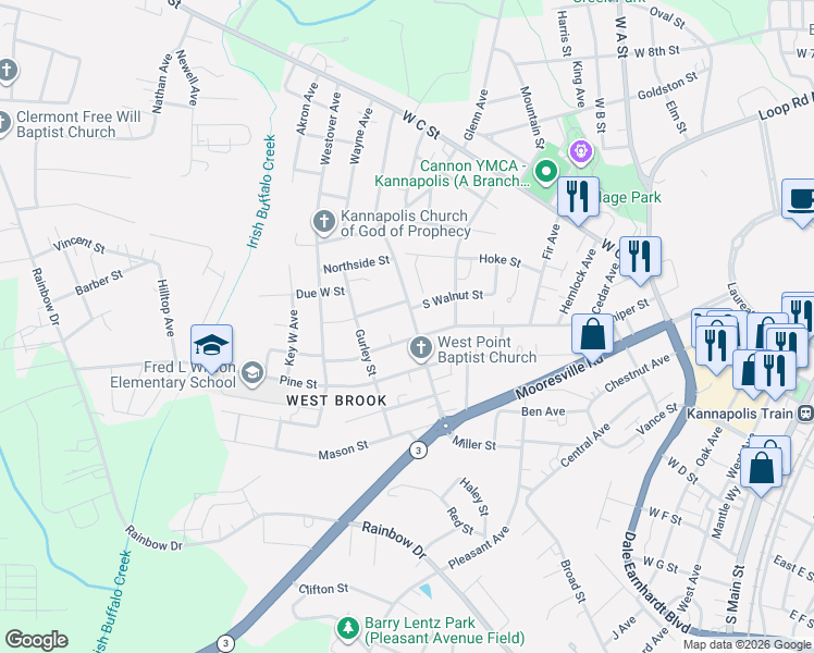 map of restaurants, bars, coffee shops, grocery stores, and more near 219 Franklin Avenue in Kannapolis