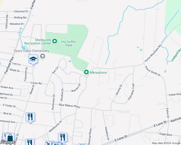 map of restaurants, bars, coffee shops, grocery stores, and more near 963 Horse Mountain Road in Shelbyville