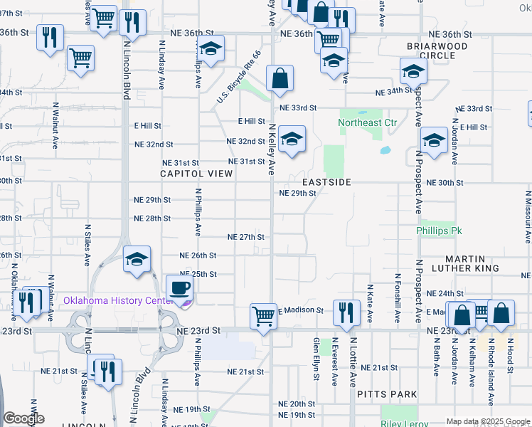 map of restaurants, bars, coffee shops, grocery stores, and more near 921 Northeast 28th Street in Oklahoma City