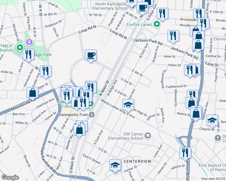 map of restaurants, bars, coffee shops, grocery stores, and more near 114 N Ridge Ave in Kannapolis