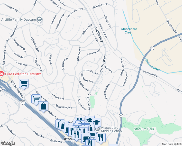 map of restaurants, bars, coffee shops, grocery stores, and more near 5325 Honda Avenue in Atascadero
