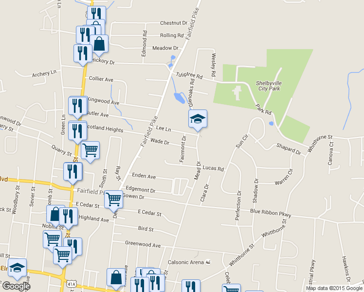 map of restaurants, bars, coffee shops, grocery stores, and more near 1001 Fairmont Drive in Shelbyville