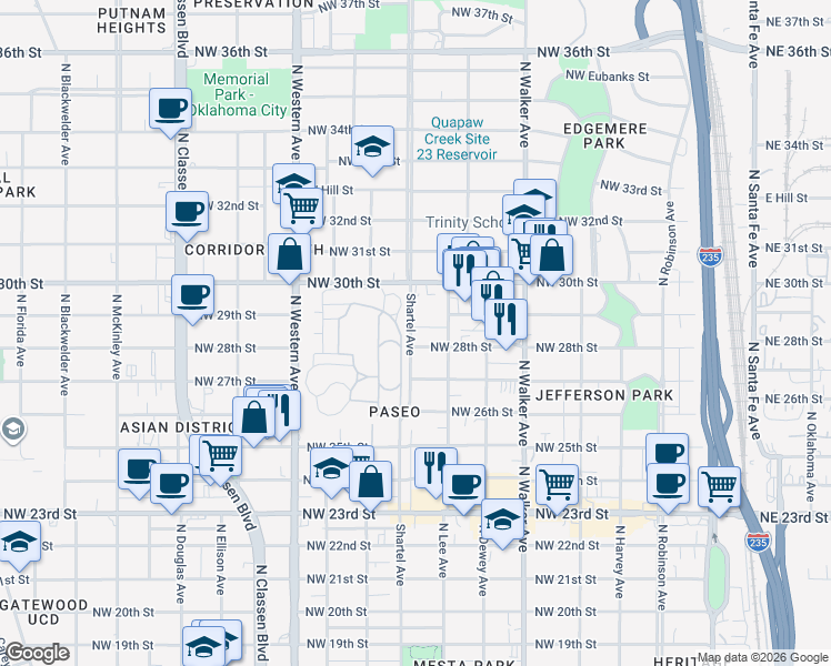 map of restaurants, bars, coffee shops, grocery stores, and more near 2908 North Shartel Avenue in Oklahoma City