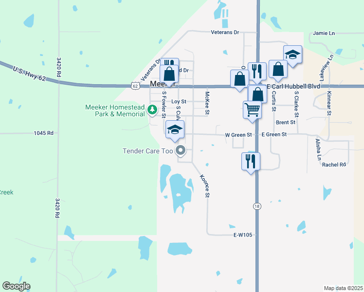map of restaurants, bars, coffee shops, grocery stores, and more near 421 South Culver Street in Meeker