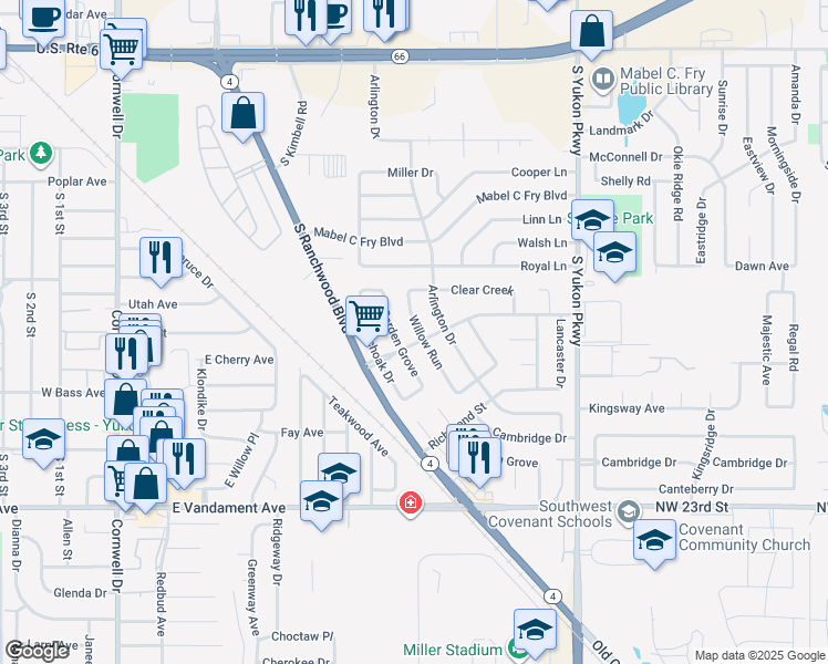 map of restaurants, bars, coffee shops, grocery stores, and more near 736 Willow Run in Yukon