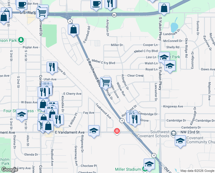 map of restaurants, bars, coffee shops, grocery stores, and more near 731 Ranchoak Drive in Yukon