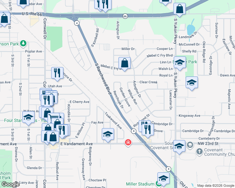 map of restaurants, bars, coffee shops, grocery stores, and more near 731 Ranchoak Drive in Yukon
