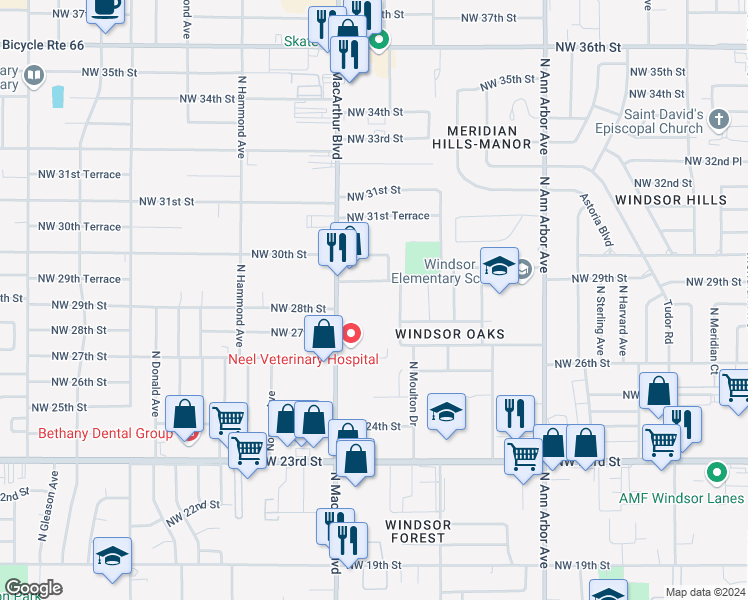 map of restaurants, bars, coffee shops, grocery stores, and more near 5806 Northwest 29th Street in Oklahoma City