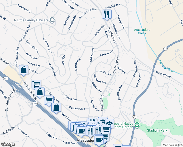 map of restaurants, bars, coffee shops, grocery stores, and more near 5455 Rosario Avenue in Atascadero