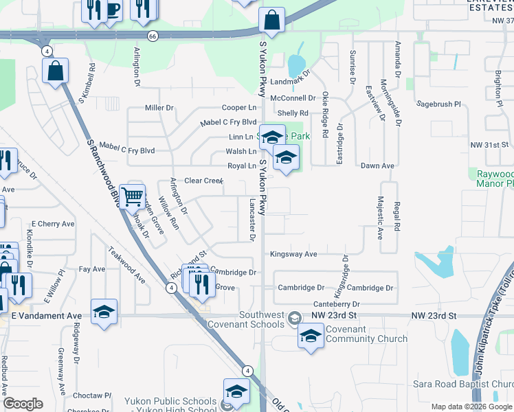 map of restaurants, bars, coffee shops, grocery stores, and more near 805 Lancaster Drive in Yukon
