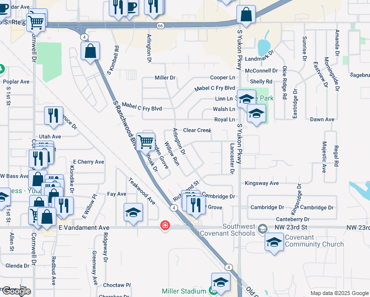 map of restaurants, bars, coffee shops, grocery stores, and more near 801 Arlington Drive in Yukon
